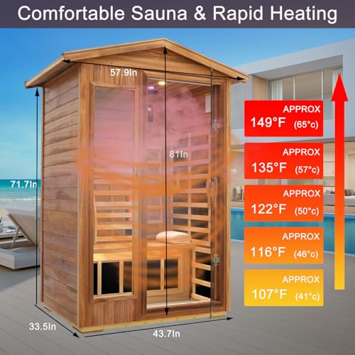 KUNSANA Outdoor Sauna 2 Person, Ceramic Infrared Saunas for Home, Ultra Low EMF Infrared Sauna, Mahogany Wood Home Sauna Room with Bluetooth Speakers, LED Reading Lamps, Chromotherapy Lights KUNSANA