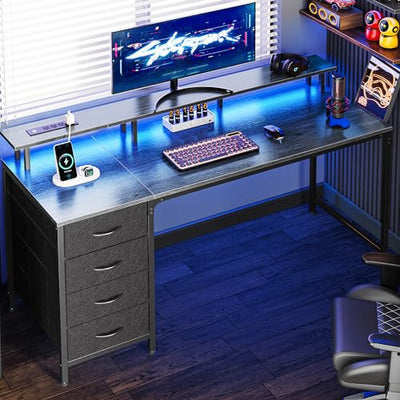 Huuger 55 Inch Computer Desk with Power Outlets and LED Lights, Gaming Desk with 4 Drawers, Office Desk with Monitor Stand, Study Work, Home Office, Gray