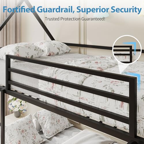 Tufons Twin-Over-Twin Low Bunk Bed with Convertible Slide, Full-Length Guardrail with Montessori Floor Bunk Bed Frame, Heavy Duty Metal Bed with House Shape and Roof for Boys Girls, Black Tufons