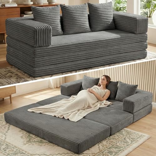 Winzoo Convertible Sofa Bed Couch, 78’’ Oversized 4-in-1 Boneless Couches with Removable Armrests Backrest, Corduroy Futon Sofa Bed, Foldable Mattress Sleeper Sofa for Living Room Bedroom (Grey) Winzoo