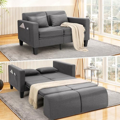 SEJOV 6-in-1 Convertible Sofa Bed, 58" Loveseat Sleeper Sofas with Pull Out Couch Bed, Removable Backrest, Storage Pockets and 2 Pillows, Modern Folding Linen Futon Couch for Small Spaces, Gray