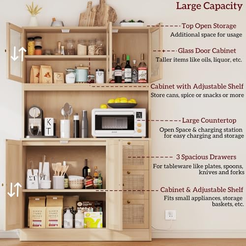 Irontar 70.9'' Kitchen Pantry Cabinet, Kitchen Hutch with Microwave Stand & Charging Station, Farmhouse Tall Storage Cabinet with Countertop, Bar Cabinet with Drawer and Glass Doors, Natural CWG011ME Irontar