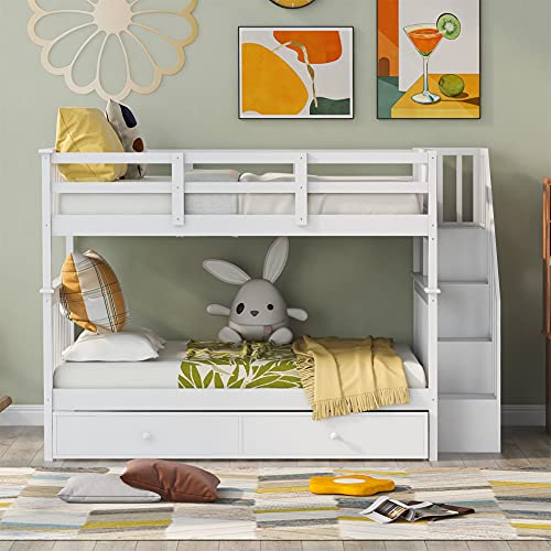 Harper & Bright Designs Full Over Full Bunk Bed with Stairs and Trundle, Wooden Bunk Bed Frame with Storage, for Kids Teens Adults - White Harper & Bright Designs