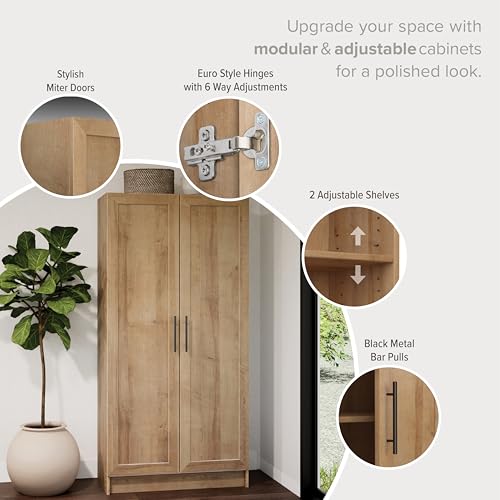 Prepac Natural Oak Elite 65" Tall Accent Kitchen Pantry Cabinet, Craft or Bathroom Storage Cabinet, Buffet Storage with Panel Doors, 3 Shelves, 32" W x 16.75" D x 65" H, Ideal for Home Organization Prepac