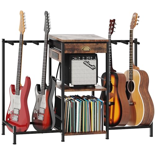 Homeiju 6-Guitar Floor Stand with Charging Station & 3-Tier Storage, Guitar Rack with Amp Stand & Cloth Drawer, Rubber Protected Guitar Holder for Studio/Home , Heavy Duty Metal Frame Homeiju