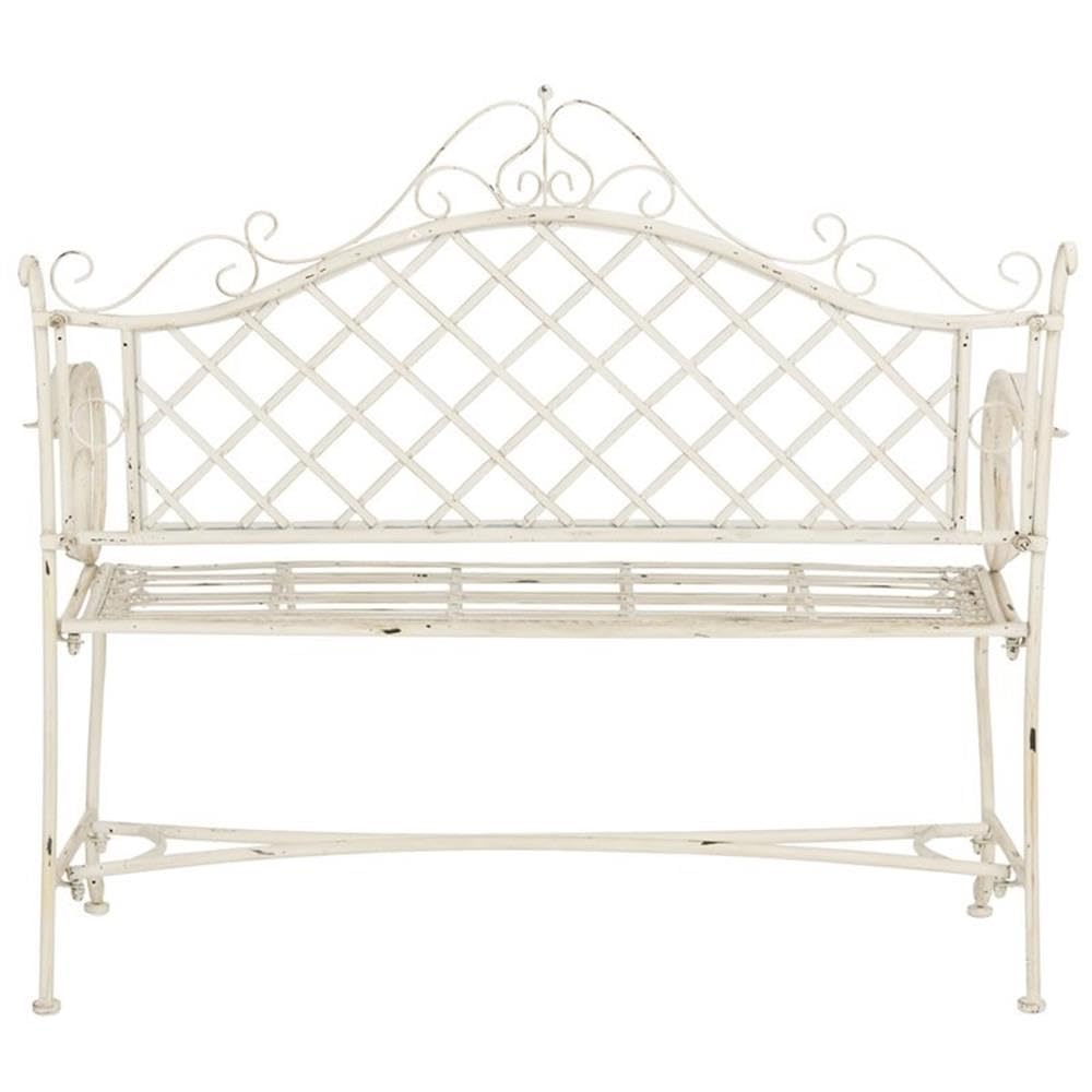 SAFAVIEH PAT5017A Collection Adina Antique White Wrought Iron 51.25" Outdoor Garden Bench SAFAVIEH