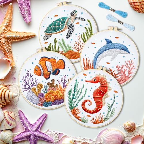INFUNLY 4 Sets Whale Embroidery Kits for Beginners DIY Cross Stitch Starter Kits with Turtles Seahorses Patterns Fish Sea Animals Embroidery Kits with Instructions Embroidery Cloth Hoops Threads Tools