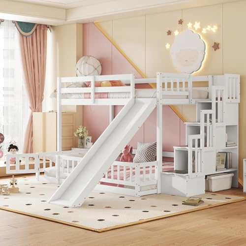Twin Over Full Bunk Bed with Slide and Storage Staircase,Floor Bunk Beds,Kids Bunk Bed with Safety Guardrails,Low Bunk Bed for Girls Boys,White Bellemave