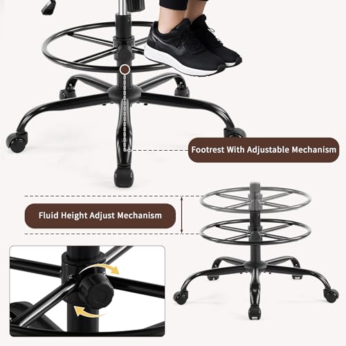 Karl home Drafting Chair Height Adjustable for Standing Desk, PU Upholstered Tall Office Swivel Desk Chair with Flip-Up Armrests, Ergonomic Lumbar Support, Adjustable Foot Ring, Black Karl home