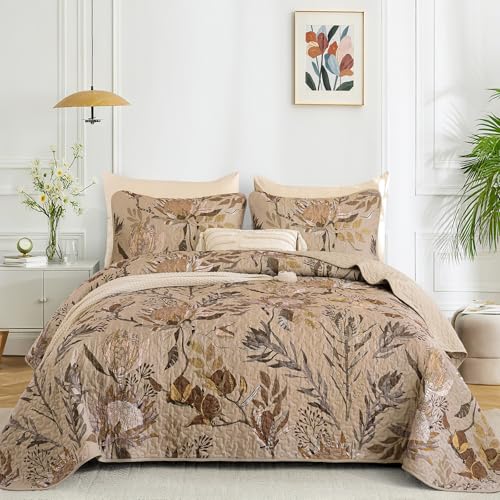 Dintszyayue Quilt Queen Size Brown, 3 Pieces Boho Floral Bedspread Bedding for Queen Size Bed, Soft Lightweight Microfiber Coverlet Set for All Season Quilt with 2 Pillowcases Dintszyayue