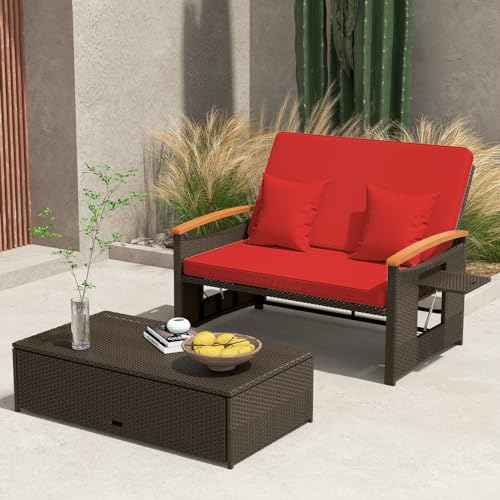 Tangkula Patio Rattan Daybed with 4-Level Adjustable Backrest, Outdoor Wicker Loveseat with Acacia Wood Armrest, Storage Ottoman & Folding Tray, Double Sunbed for Balcony, Backyard & Poolside, Red Tangkula