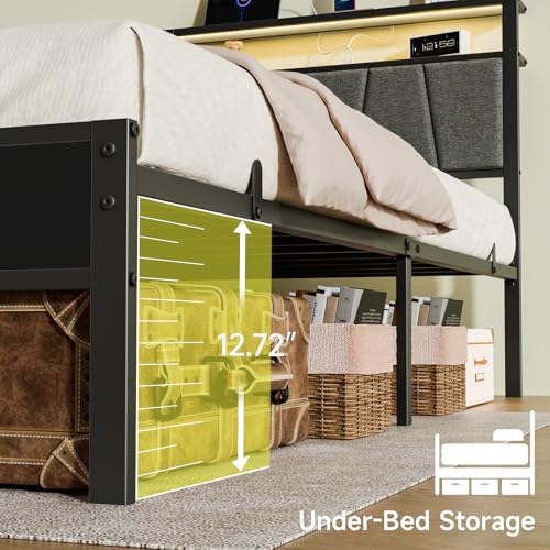 Z-hom Storage Headboard with Charging Station Twin Bed Frame, LED Bed with Upholstered Headboard and Footboard, Metal Platform Bed with 2-Tier Shelves, Easy Assembly, No Box Spring Needed, Noise Free Z-hom