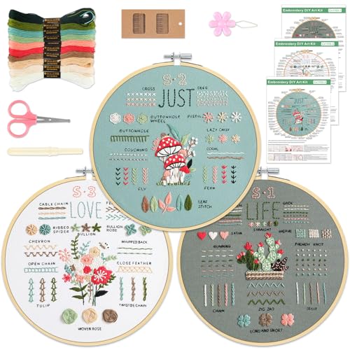 KintKita 3 Sets Embroidery Kit for Beginners to Learn 36 Basic Embroidery Stitches Practice Kit,Hand Embroidery Cross Stitch Kits for Beginners with Embroidery Patterns, Hoop,Threads,Tools