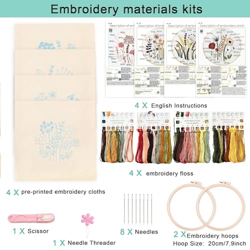 REEWISLY 4ps Embroidery Starter kit with Flowers Patterns and Instructions, DIY Adult Beginner Cross Stitch Kits, Including 2 Plastic Embroidery Hoop, 1 Pair of Scissors, Colored Threads and Needles