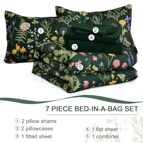 Yiran King Size Comforter Set 7 Piece, Dark Green Floral Bedding Set, Bed in a Bag King with Botanical Flowers Pattern, Soft Microfiber Complete Bedding Set with Sheets for All Season Yiran