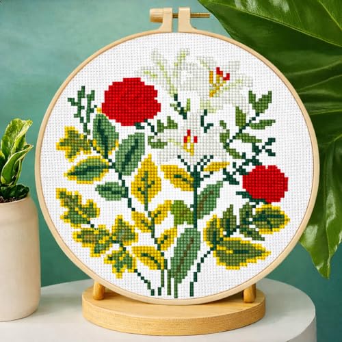 Zhenqing Rose and Lily Cross Stitch Kit for Beginners - 11CT 24x24cm Pre-Printed Pattern with Embroidery Hoop, Threads & Tools, Floral Design(70519)