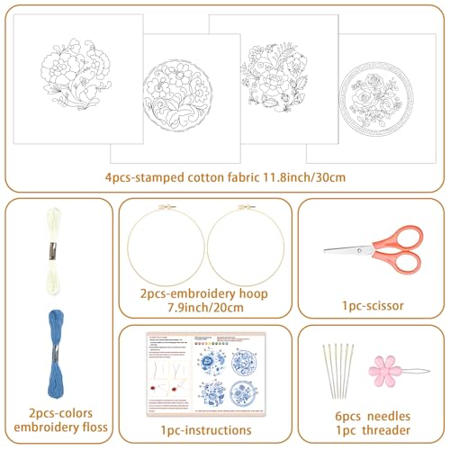 BEUNITONE 4 Set Embroidery Kit for Beginners, Blue Flower Cross Stitch Kits, Needlepoint Kits for Adults with Instructions and Full Kit, Classical Hand Embroidery Patterns for Cloth and Home Decor