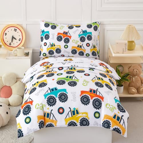 PERFEMET Toddler Bedding Set 4 Pieces Bed Set for Boys All Seasons 1 Deep Pocket Sheet and 1 Lightweight Comforter Soft Cute Colorful Pattern Cozy Children Bedroom Cars White PERFEMET
