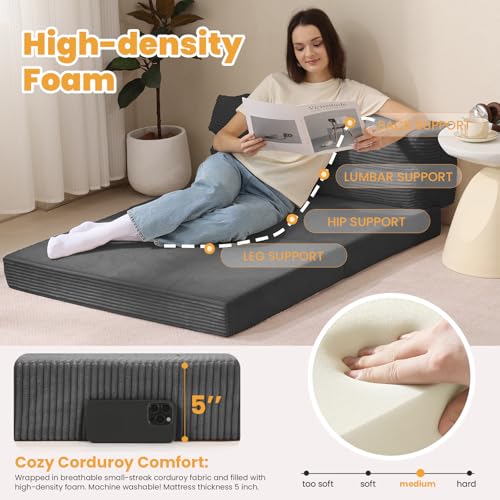 Foldable Mattress Queen, 3 in1 Convertible Couch Bed, Futon Folding Mattress Corduroy, Fold Out Sofa Bed Floor Couch Lounge Sleeper Mattresses for Living Room, High-Density Memory Foam 5'', Gray feliz home