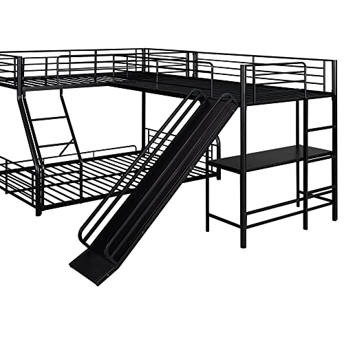 Bellemave Twin Over Full Bunk Bed Frame with Twin Size Loft Beds, Heavy Duty Triple Bunk Bed with Slide, Build in Ladder and Guardrail, L-Shaped Bunk Beds with Desk, Black Bellemave