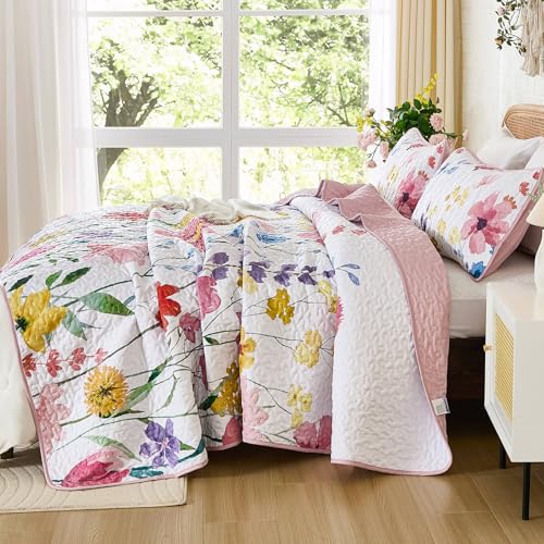 Anibedding Queen Quilt Set, Reversible Pink Floral Bedspread Soft Microfiber Lightweight Queen Size Quilt Bedding Sets Flower Coverlet for All Season(Queen, 96"x90") Anibedding