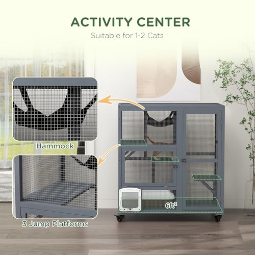 PawHut Large Cat House, Indoor/Outdoor Wooden Cat Catio on Wheels, Cat Enclosure with Platforms, Hammock, Cat Flap Door & Openable Top, Luxury Kitty House for 2 Cats, 39" PawHut