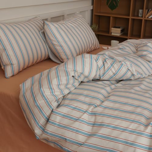 Blue Striped Duvet Cover Set Full 100% Cotton Retro Stripes Pattern 3 Pieces Bedding Set Blue Brown Striped Comforter Cover Minimalist Soft Breathable Duvet Cover with Zipper Closure & Corner Ties LifeTB