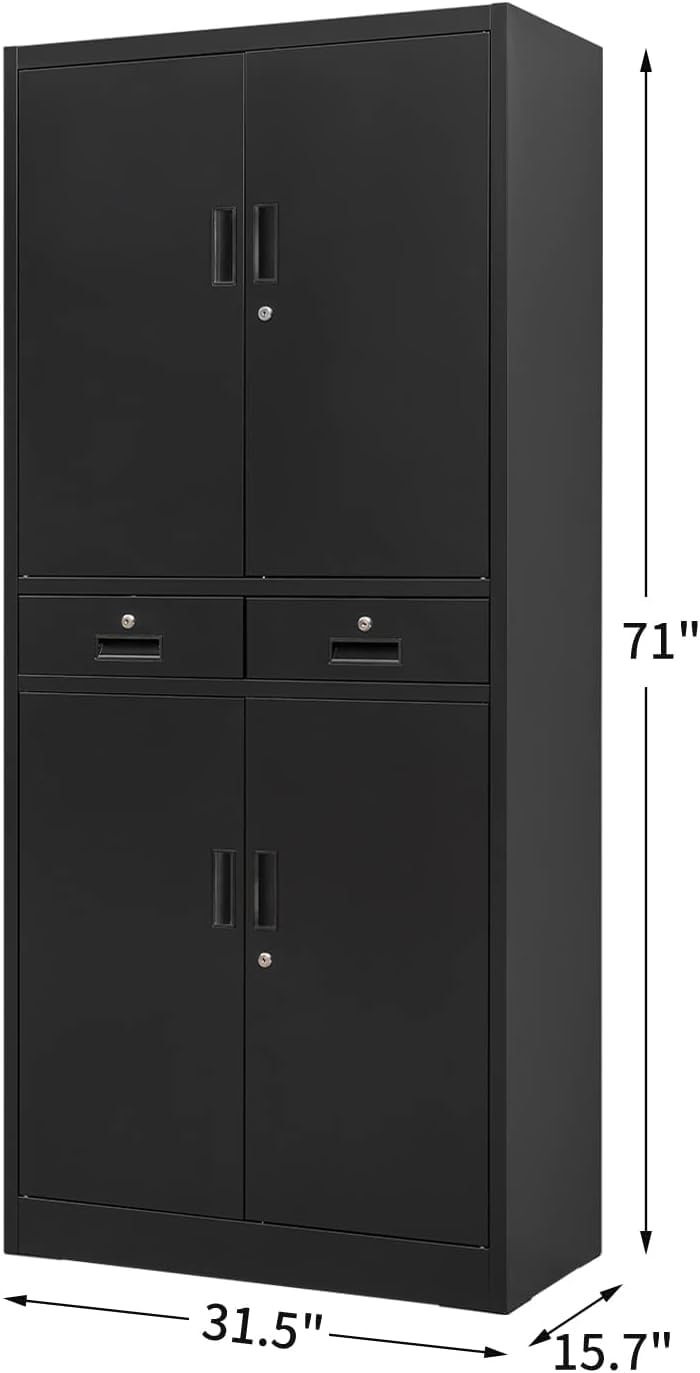 CJF Metal Storage Cabinet with Adjustable Shelves and Drawers, Locking Steel Storage Cabinet for Pantry, Office, Garage, Home, School, Utility (Black) CJF
