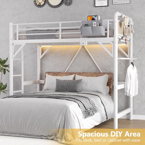 Twin Size Loft Bed with LED Lights and Charging Station, Industrial Heavy Duty Metal Loft Bed Frame with Ladder and Guardrail for Kids Adults, Small Space Saving Design for Bedroom Dorm, White Jocoevol