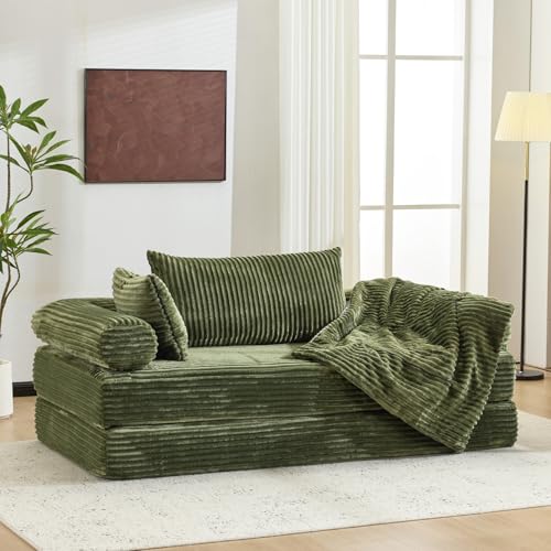 VINGLI Convertible Futon Sofa Bed, Upholstered Corduroy Boneless Couch King Size Floor Loveseat Sleeper Sofa with 2-in-1 Throw Pillow, Couches for Living Room, Bedroom, Lounge, Green VINGLI