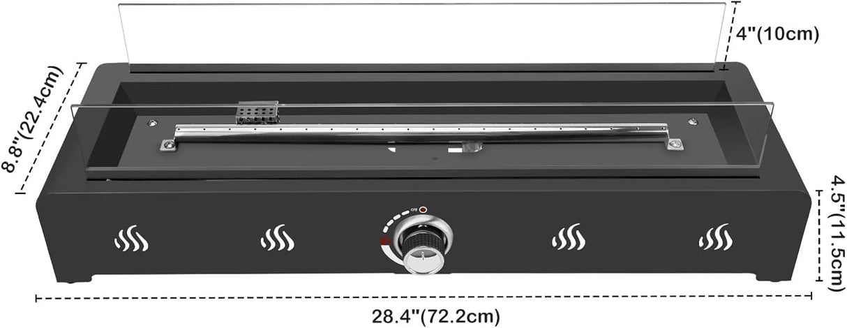 Onlyfire 28 Inch Tabletop Gas Fire Pit, Outdoor Propane Fire Pit Bottom Mounted with Glass Wind Guard and Lava Rock, Rectangular Smokeless Fire Table Indoor Outdoor Fireplace onlyfire