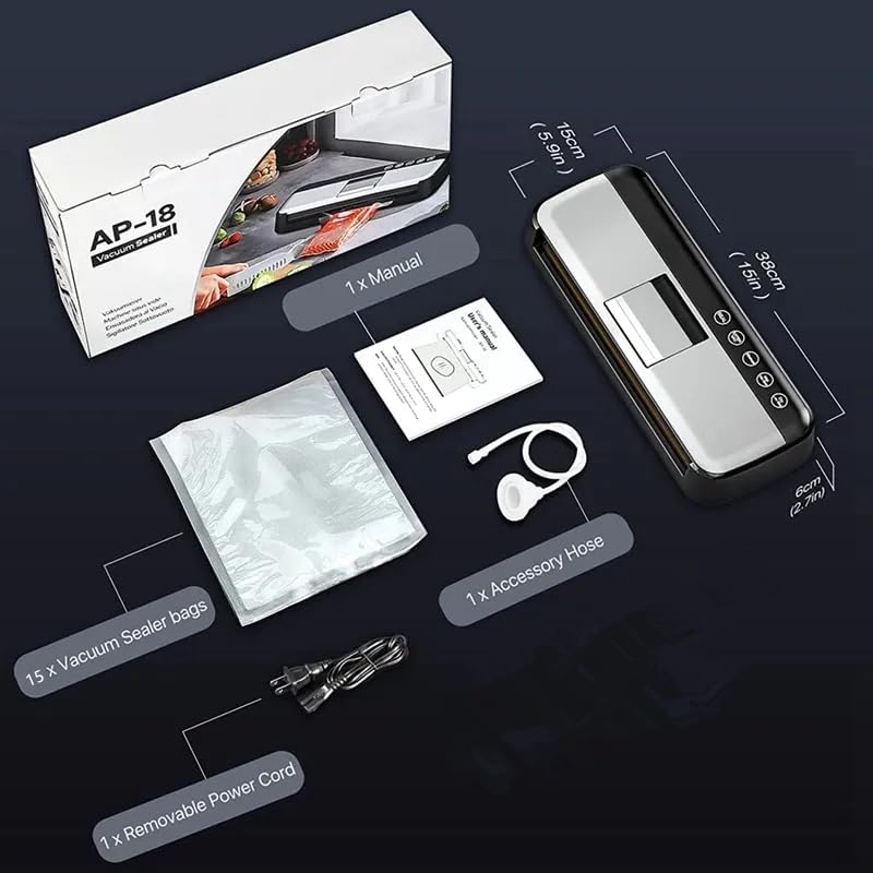 Powerful Vacuum Sealer Machine, One-Touch Automatic Food Sealer with 15 Bags, Dry/Moist/Seal/Manual/External Vac, 7MM Heating wire, Compact Easy-Clean for Food Storage and Sous Vide TEZILON