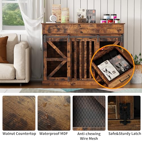 kepptory 48 Inch Large Dog Crate Furniture with 3 Storage Drawers, Wooden Pet Kennel with Removable Divider, Dog Kennel End Table TV Stand, Farmhouse Style Dog Crates with Sliding Barn Door (Brown) kepptory