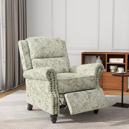 UIXE Floral Pushback Recliner Chair, Fabric Overstuffed Armchair Push Back Accent Chair for Living Room, Rivet Trim Club Chair Home Theater Single Sofa Bedroom Side Reading Seat - Rococo Green