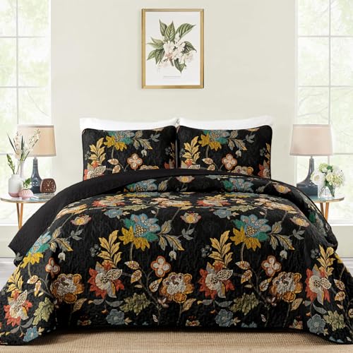 WONGS BEDDING Quilt Set Queen Size, Black Botanical Queen Bedspread Bedding Sets, 3 Pieces Floral Quilt with 2 Pillowcases,Soft Lightweight Microfiber Coverlet Set for All Season(96"X90") WONGS BEDDING
