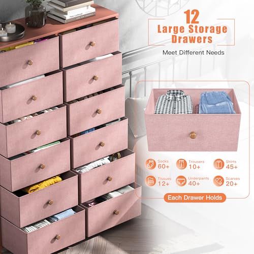 EnHomee Dresser with 12 Drawers, Tall Dressers for Girls Bedroom with Wood Top Metal Frame, Chest of Drawers for Bedroom, Closets, Pink, 11.9" D x 34.8" W x 52.2" H EnHomee