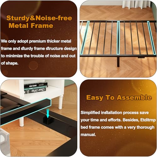 Etditrnp Twin Bed Frame with Charging Station, LED Light and PU Leather Upholstered Headboard, Platform Bed Frame with Under-Bed Storage, Easy Assembly, Noise Free, No Box Spring Needed, Black Etditrnp