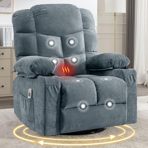 Oversized Massage Swivel Recliner Chair with Lumbar Heating for Living Room Rocker Recliner Single Sofa with Cup Holders and USB Charge Port, Large Big Chair Recliners for Adult