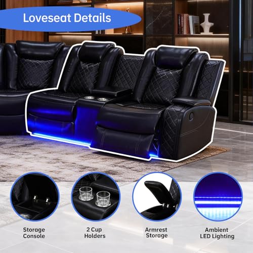Saxum Tegmen Power Recliner Sofa Set, Living Room Furniture Sets, Leather Sectional Sofa Set with LED Lights, Cup Holders, Storage Console for Living Room/Home Theater (Black)