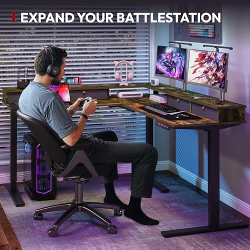 SANODESK 71" L Shaped Standing Desk with 4 Drawers, Height Adjustable Stand up Desk, Corner Gaming Desk with Monitor Stand, Black Frame/Rustic Brown Top SANODESK