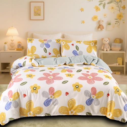 MAG 3pcs Floral Bedding Duvet Cover Set Twin,Boho Duvet Cover Colorful,Flower Duvet Cover Set for Toddler, Kids, Girls, Super Cute Microfiber (no Comforter) (Yellow, Twin) MAG