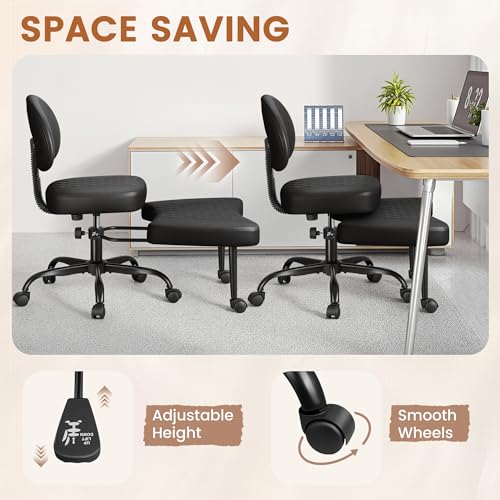 Shahoo Ergonomic Cross Legged Office Chair with Wheels - Adjustable Height Kneeling Meditation Chairs for ADHD, Yoga & Desk Work - Wide Criss Cross Seat with Lumbar Support, (Faux PU,Black) Shahoo