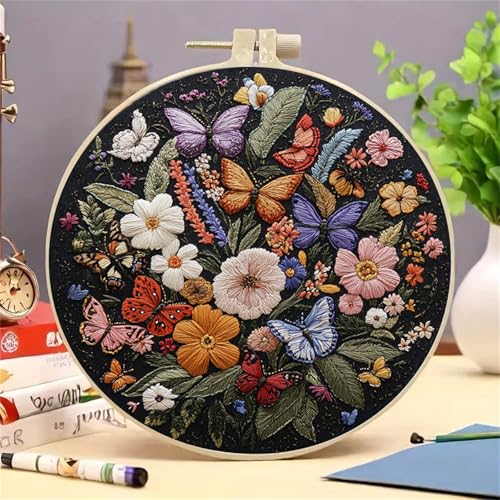 Huacan Embroidery Kit for Beginners Adults Includes Stamped Flowers Butterfly Pattern, Hoop, Color Threads,Tools,Easy to Follow Instruction