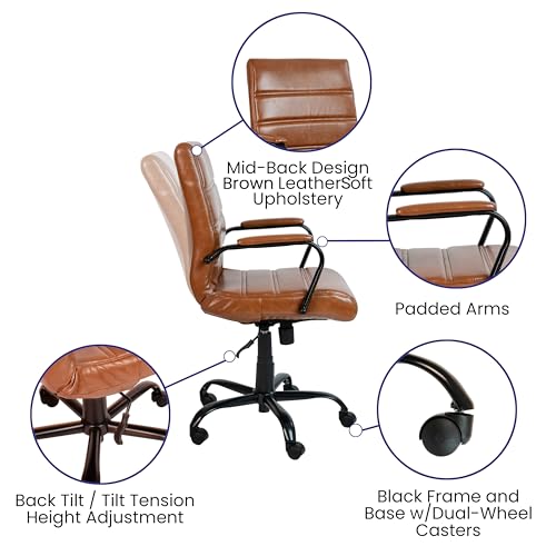 Flash Furniture Whitney Mid-Back Desk Chair - Brown LeatherSoft Executive Swivel Office Chair with Black Frame - Swivel Arm Chair Flash Furniture