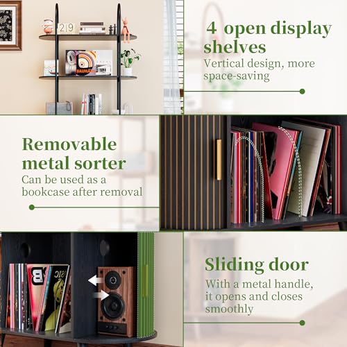 Tall Vinyl Record Player Stand, Black Small Record Storage Cabinet, 4 Tier Arched Bookshelf with Sliding Doors, Fluted Media Display Shelf, Mid Century Modern Turntable Stand for Living Room, Retro Woemtoric