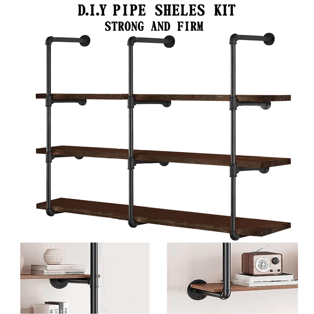 HITOMEN Industrial Iron Pipe Shelves, 3 Set 4-Tier 41.5" Tall 12" Depth, DIY Open Bookshelf Bookcase, Wall Mounted Vintage Retro Shelving, Rustic Farmhouse Pantry Kitchen Storage, Black Shelf Brackets HITOMEN