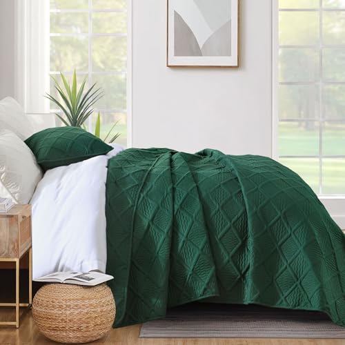 Yiran Twin Quilt Set, Emerald Green Lightweight Soft Bedspreads Bedding Set, Diamond Pattern Coverlet for All Season Modern Style 2 Piece with 1 Pillow Sham 68x90 Inch