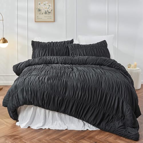 Bonlino Queen Comforter Set - Black Boho Shabby Chic Bedding for Bedroom - Fluffy 3 Piece Ruffle Comforter Set with Pillow Bonlino
