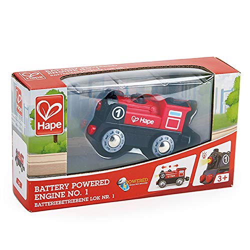 Hape Wooden Railway Battery Powered Engine No. 1 Kid's Train Set Red, White, Black, Blue, L: 3.7, W: 1.3, H: 1.9 inch Hape