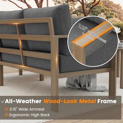 VONZOY 6 Pieces Patio Furniture Set, Wood-Look Metal Outdoor Sectional Furniture Conversation Set, L Shape Patio Couch with Side Table, 6.5" Thick Olefin Cushions for Garden, Backyard, Deck(Dark Grey) VONZOY